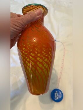 Art Glass Vase Orange & Gold Swirl 8” High Teal Edge.
